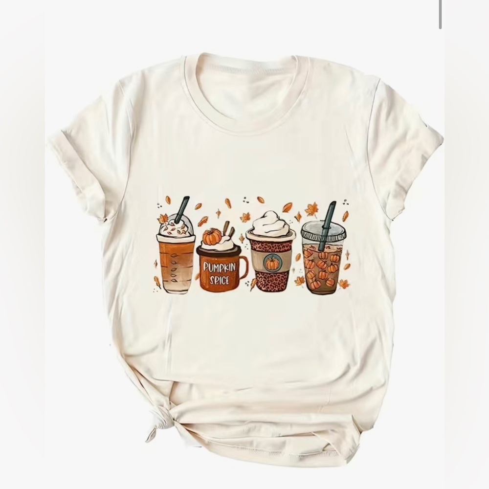 Fall Drinks Tee Thanksgiving Autumn T-shirt short sleeve womens size XL cream